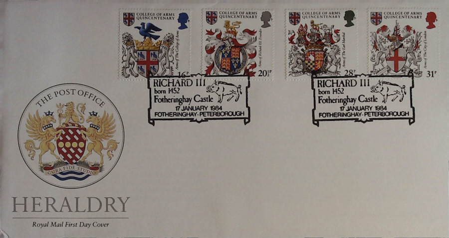 1984 - Heraldry,ROYAL MAIL First Day Cover , Postmark Fotheringhay, Peterborough