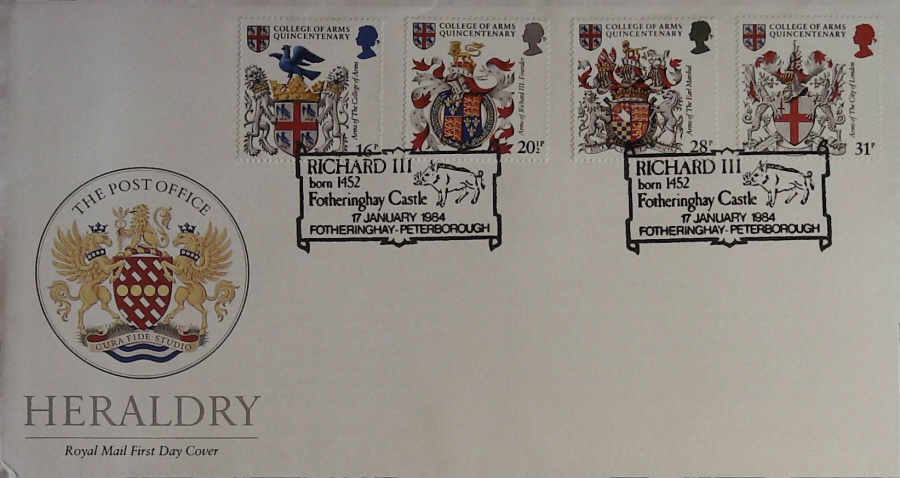 1984 - Heraldry,ROYAL MAIL First Day Cover , Postmark Fotheringhay, Peterborough