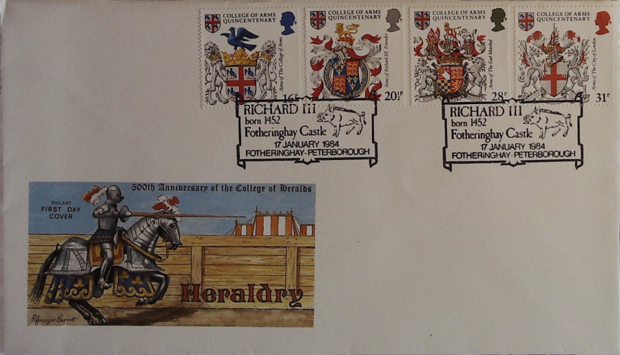 1984 - Heraldry,PHILART First Day Cover , Postmark Fotheringhay, Peterborough