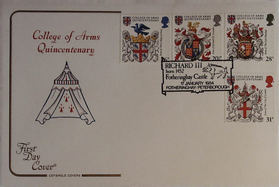 1984 - Heraldry, COTSWOLD First Day Cover , Postmark Fotheringhay, Peterborough - Click Image to Close