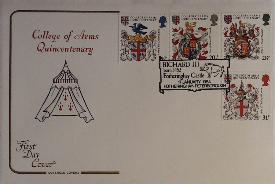 1984 - Heraldry, COTSWOLD First Day Cover , Postmark Fotheringhay, Peterborough