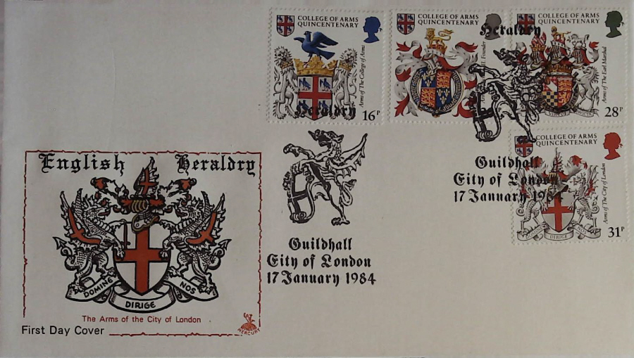 1984 - Heraldry, MERCURY First Day Cover , Postmark GUILDHALL CITY OF LONDON