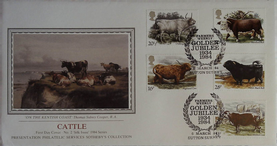 1984 - Cattle PPS SILK FDC - P ostmark :- FARMERS WEEKLY JUBILEE SUTTON