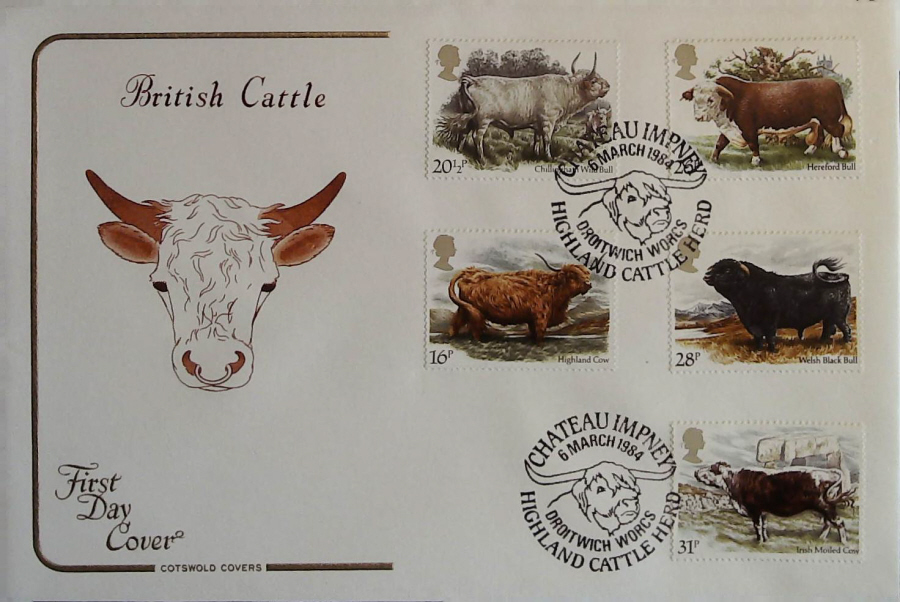 1984 - Cattle COTSWOLD FDC - P ostmark :- CHATEAU IMPNEY HIGHLAND CATTLE,DROITWICH - Click Image to Close