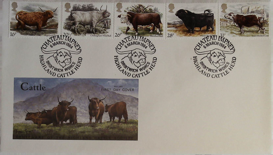 1984 - Cattle PHILART FDC - Postmark :- CHATEAU IMPNEY HIGHLAND CATTLE,DROITWICH - Click Image to Close