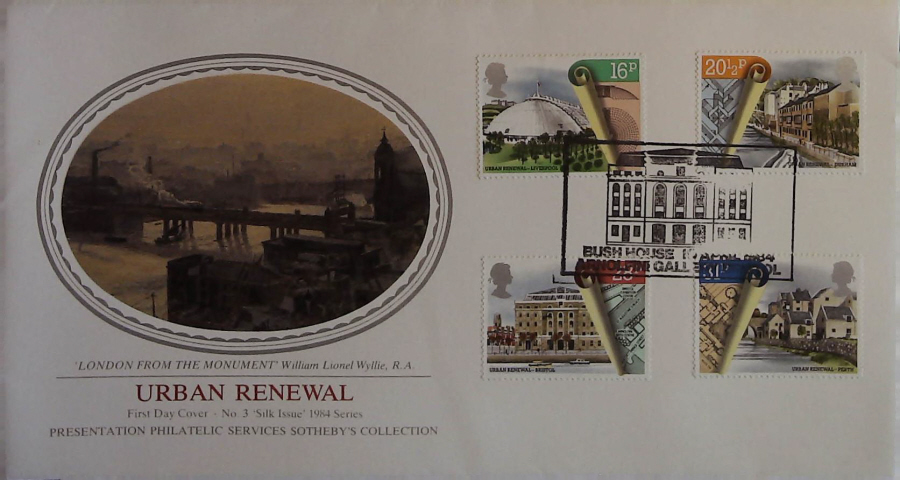 1984 - Urban Renewal, PPS SILK First Day Cover , Postmark BUSH HOUSE ARNOLFINI GALLERY BRISTOL