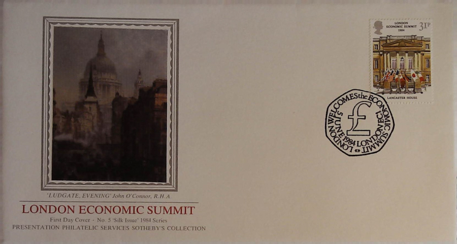 1984 - ECONOMIC SUMMIT PPS SILK FDC - Postmark LONDON WELCOMES SUMMIT