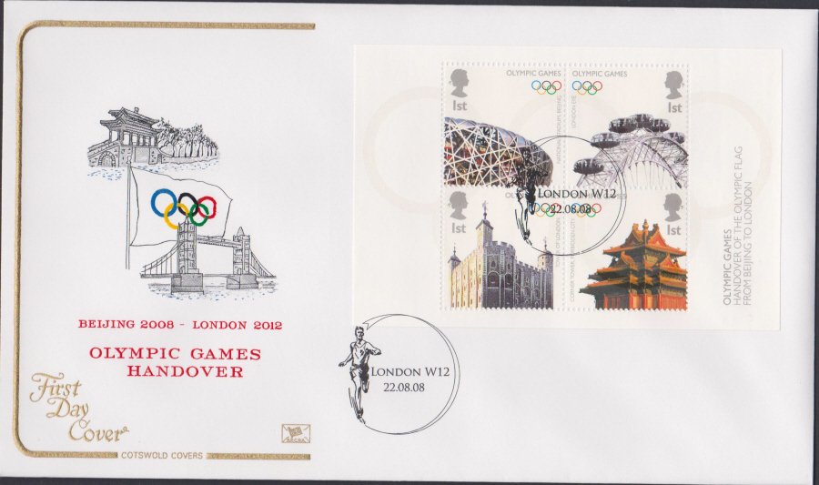 2008 -Olympic Games Handover COTSWOLD FDC - London W12 Postmark - Click Image to Close