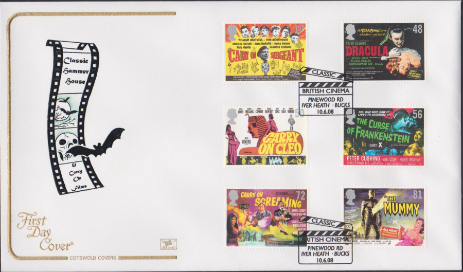 2008 -Classic Carry On & Hammer Films COTSWOLD FDC - Pinewood Rd Iver Heath Bucks Postmark