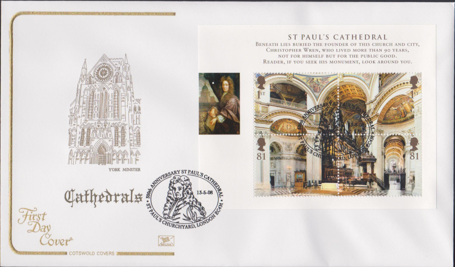 2008 - Cathedrals Mini Sheet COTSWOLD FDC -St Pauls Churchyard London Postmark - Click Image to Close