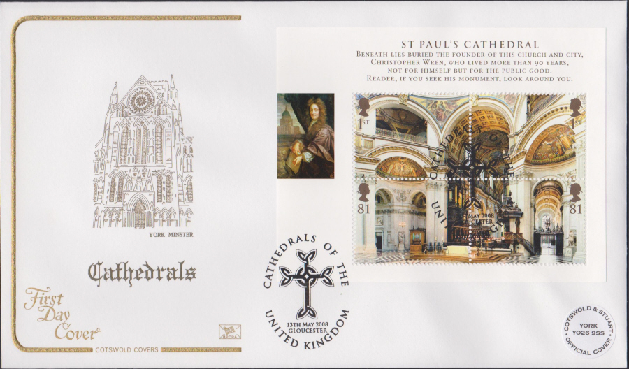 2008 - Cathedrals Mini Sheet COTSWOLD FDC -Gloucester Postmark