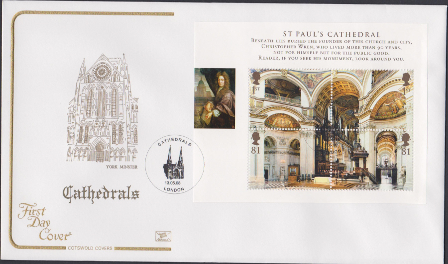 2008 - Cathedrals Mini Sheet COTSWOLD FDC -Cathedrals London Postmark - Click Image to Close