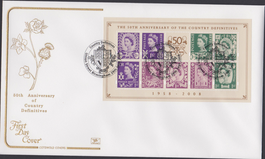 2008 - Country Definitives Mini Sheet COTSWOLD FDC - Union Street,Birmingham Postmark - Click Image to Close