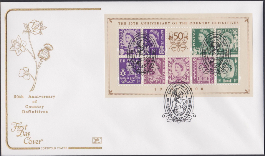2008 - Country Definitives Mini Sheet COTSWOLD FDC - Britannia Bacup, Lancashire Postmark