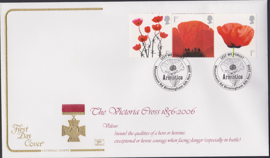 2008 - Lest We Forget Poppy COTSWOLD FDC - Monument Rd,Birmingham Postmark