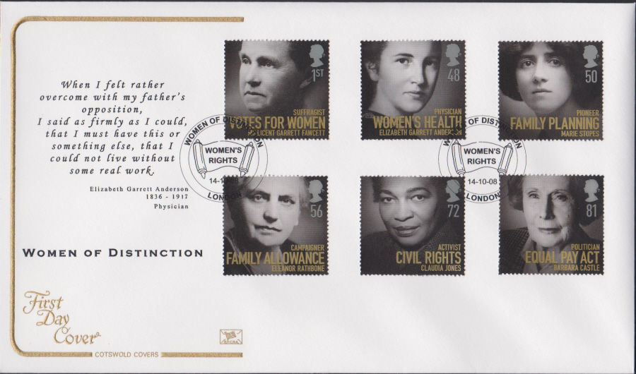 2008 - Women of Distinction COTSWOLD FDC - Women's Rights London Postmark