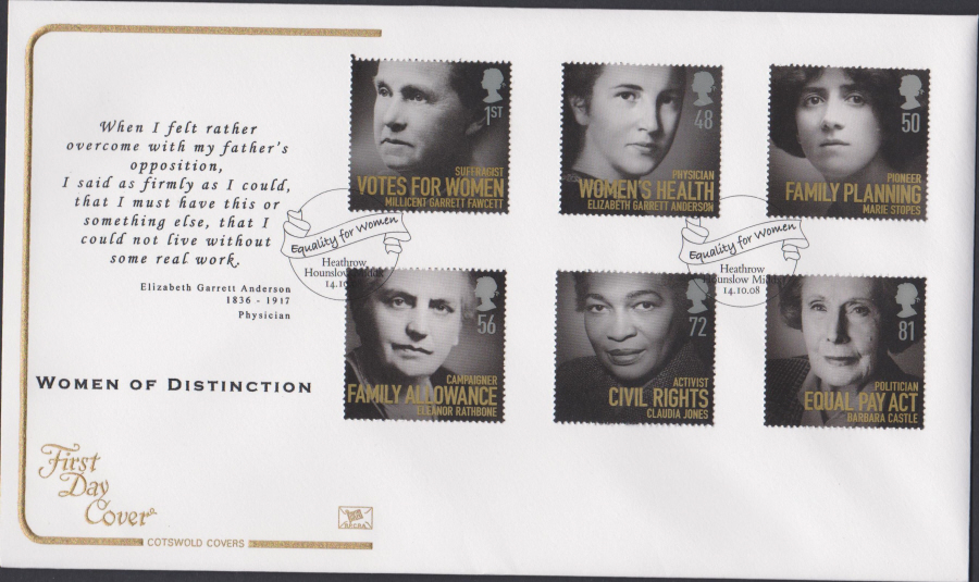 2008 - Women of Distinction COTSWOLD FDC - Equality Heathrow Hounslow Postmark