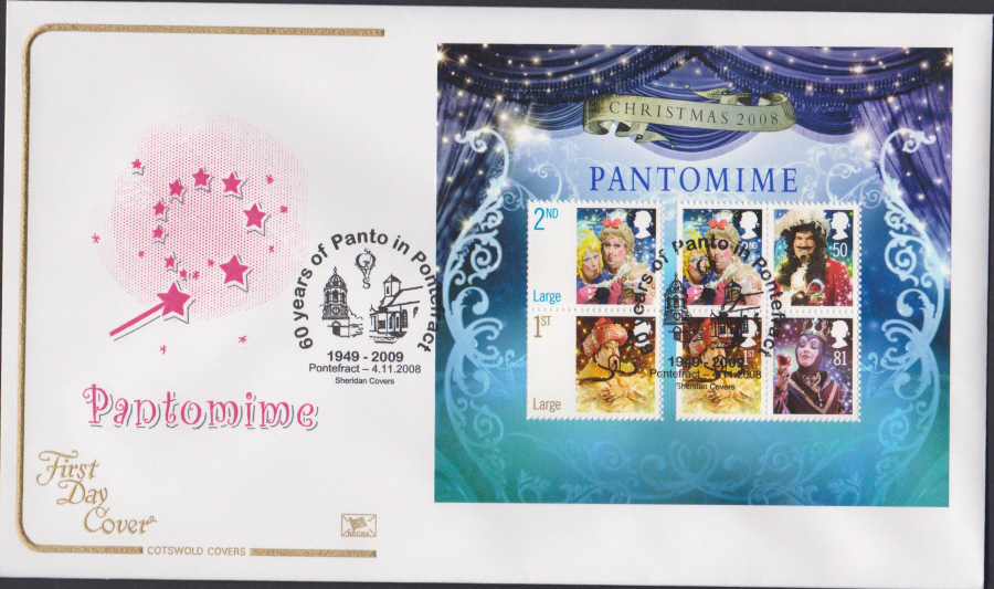 2008 -Christmas Mini Sheet COTSWOLD FDC - 60 years Panto,Pontefract Postmark