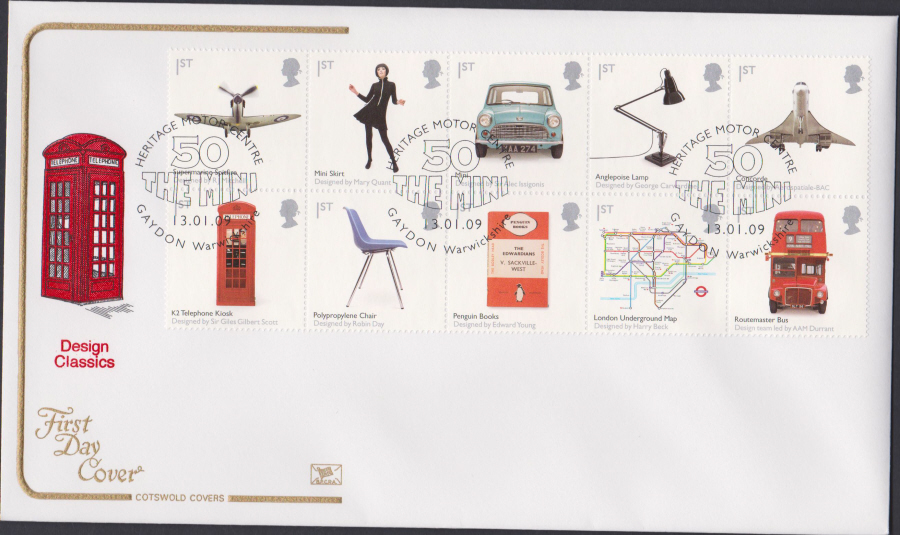 2009 - Design Classics - Cotswold First Day Cover - Heritage Motor Centre,Gaydon,Warwick Postmark - Click Image to Close