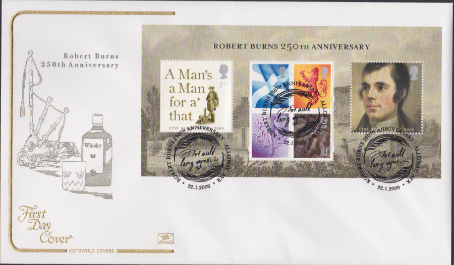 2009 -Robert Burns 250th Anniv - Cotswold First Day Cover - Anniv Alloway,Ayr Postmark