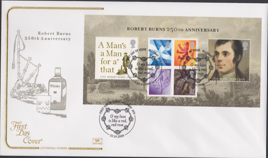 2009 -Robert Burns 250th Anniv - Cotswold First Day Cover - First Day of Issue Alloway,Ayr Postmark