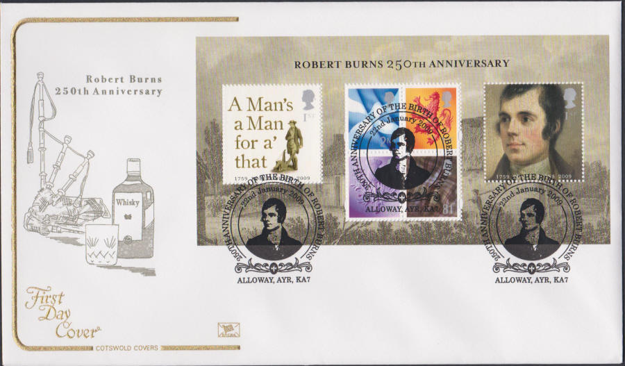 2009 -Robert Burns 250th Anniv - Cotswold First Day Cover - 250th Anniv Alloway,Ayr Postmark