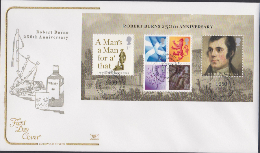 2009 -Robert Burns 250th Anniv - Cotswold First Day Cover - Robert Burns Dumfries Postmark