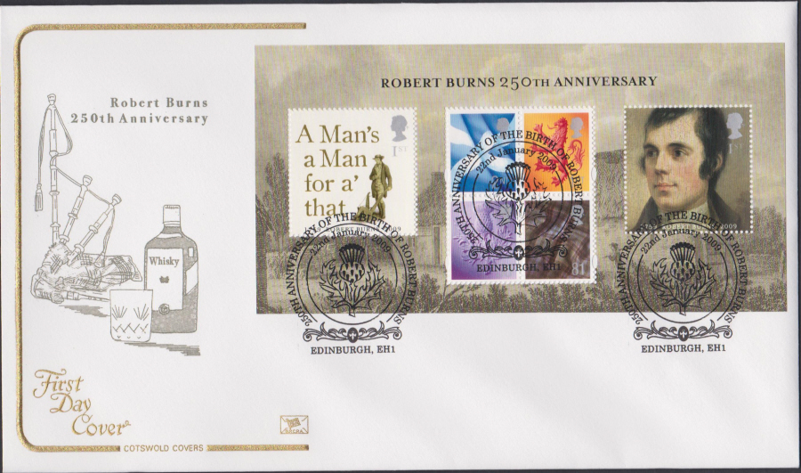 2009 -Robert Burns 250th Anniv - Cotswold First Day Cover - Robert Burns, Edinburgh EH1r Postmark