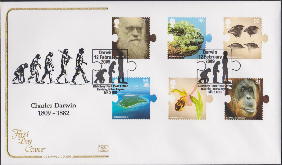 2009 -Charles Darwin Set - Cotswold First Day Cover - Bletchley Park Post Office Postmark