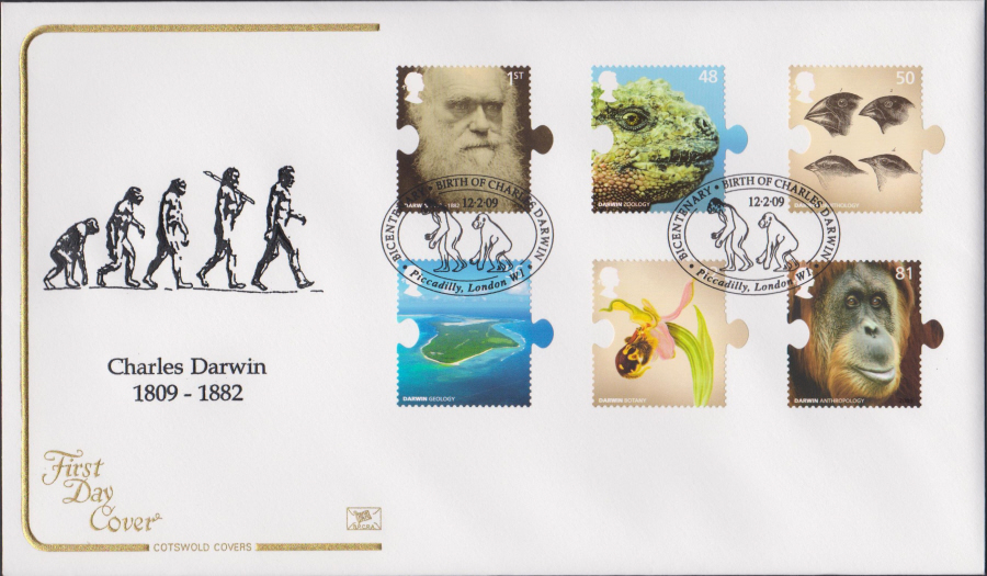 2009 -Charles Darwin Set - Cotswold First Day Cover - Piccadilly London W1 Postmark