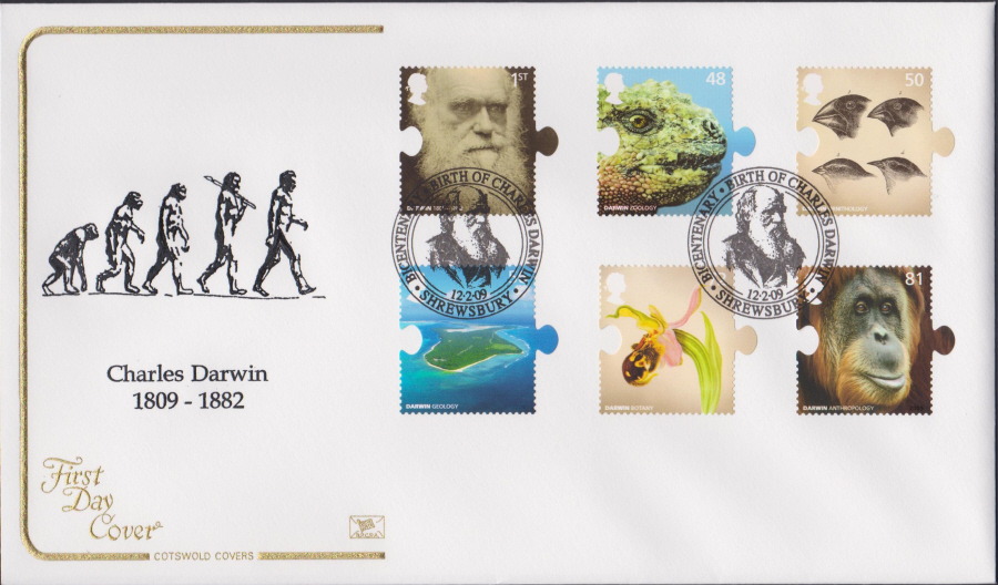 2009 -Charles Darwin Set - Cotswold First Day Cover - Shrewsbury Postmark