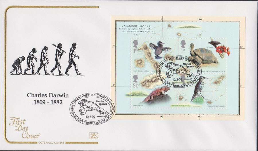 2009 -Charles Darwin Mini Sheet - Cotswold First Day Cover - Regents Park,London NW1 Postmark - Click Image to Close
