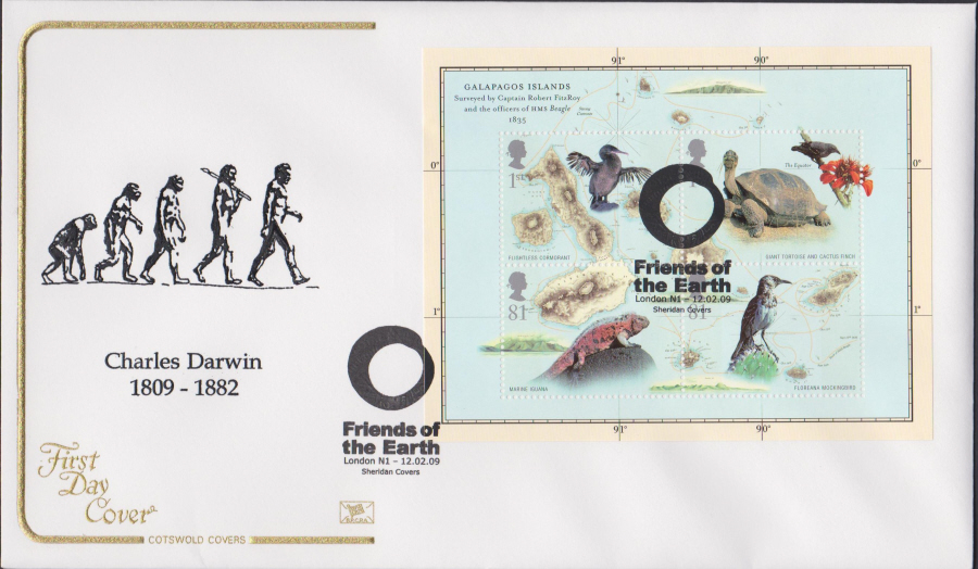2009 -Charles Darwin Mini Sheet - Cotswold First Day Cover - Friends of the Earth ,London N1 Postmark - Click Image to Close