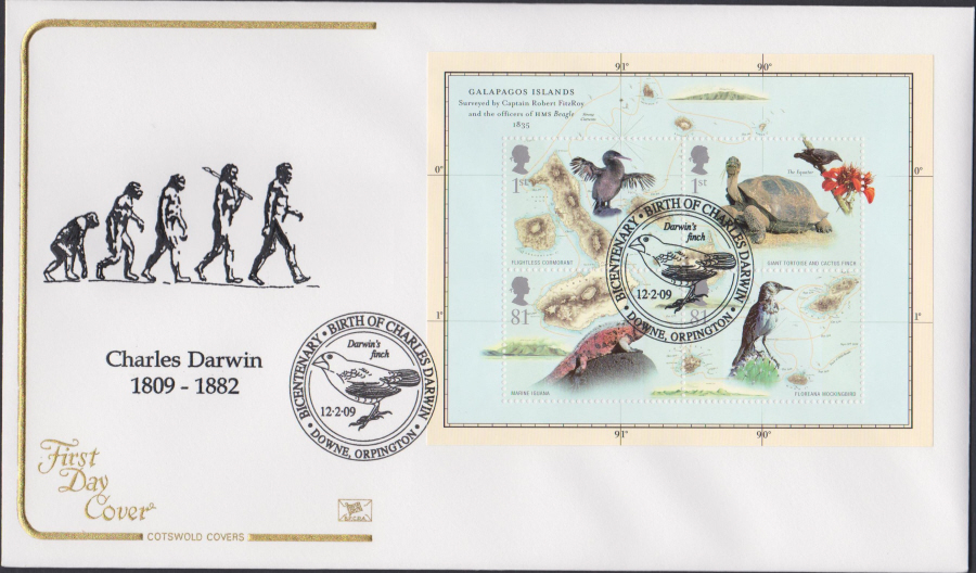 2009 -Charles Darwin Mini Sheet - Cotswold First Day Cover - Downe,Orpington Postmark