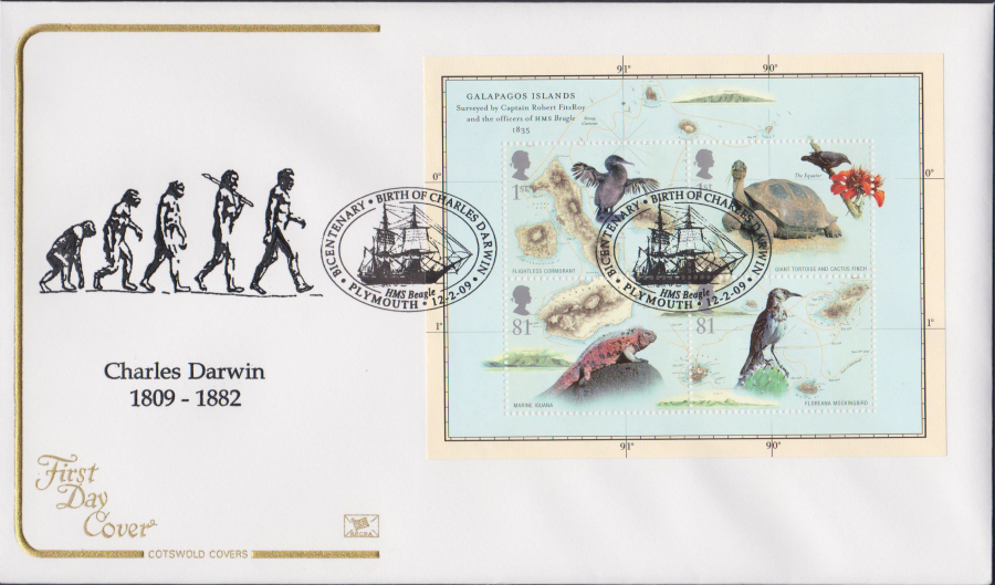 2009 -Charles Darwin Mini Sheet - Cotswold First Day Cover - HMS Beagle, Plymouth Postmark