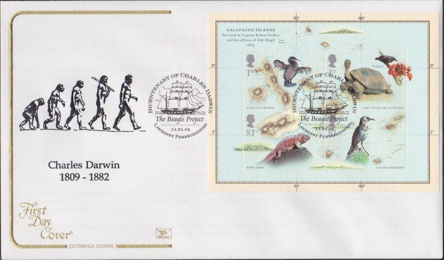 2009 -Charles Darwin Mini Sheet - Cotswold First Day Cover - Beagle Project Lawrenny Postmark