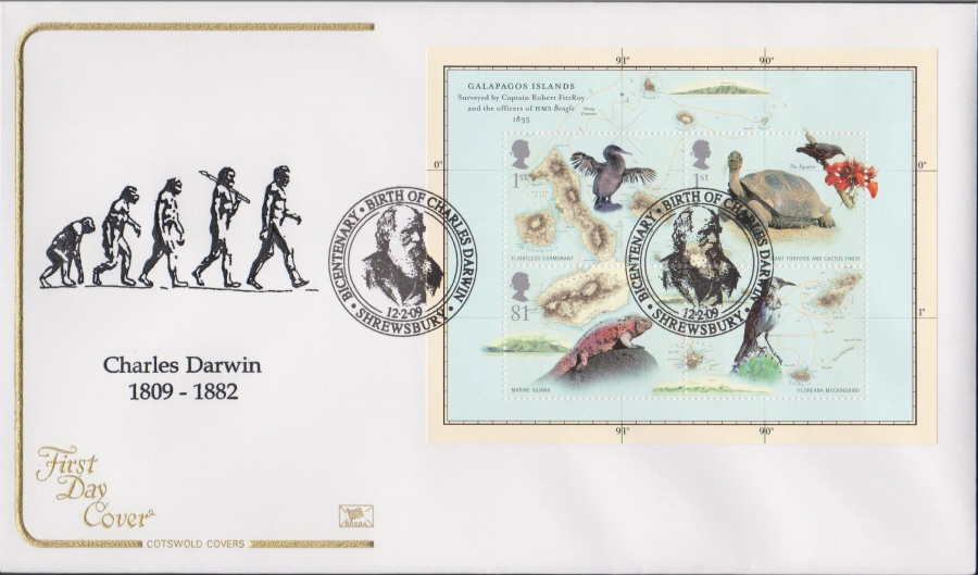 2009 -Charles Darwin Mini Sheet - Cotswold First Day Cover - Shrewsbury Postmark