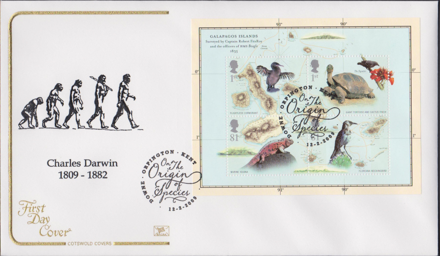 2009 -Charles Darwin Mini Sheet - Cotswold First Day Cover - Orpington, Kent Postmark