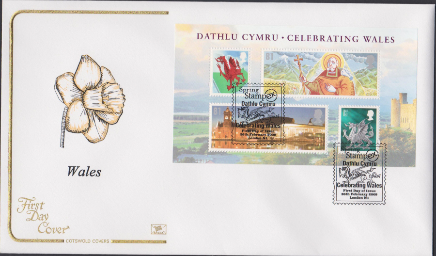 2009 -Wales Mini Sheet - Cotswold First Day Cover - Stampex, London N1 Postmark