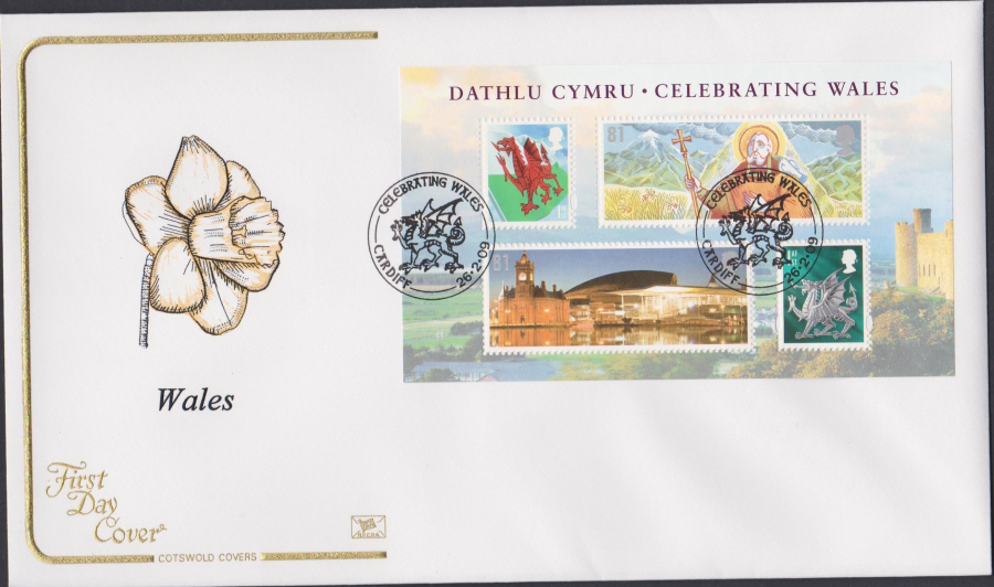 2009 -Wales Mini Sheet - Cotswold First Day Cover - Celebrating Wales Cardiff Postmark