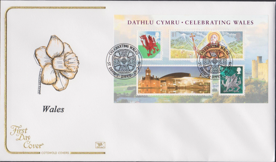 2009 -Wales Mini Sheet - Cotswold First Day Cover - Celebrating Wales St Davids Dyfed Postmark