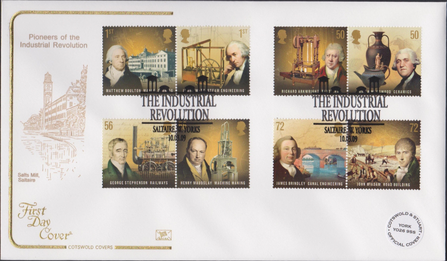 2009 - Pioneers Industrial Revolution - Cotswold First Day Cover - Industrial Revolution Saltaire Postmark - Click Image to Close