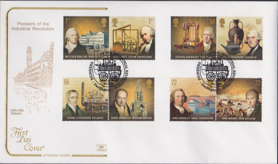 2009 - Pioneers Industrial Revolution - Cotswold First Day Cover - Pioneers Darlington Postmark - Click Image to Close