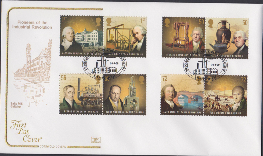 2009 - Pioneers Industrial Revolution - Cotswold First Day Cover -Pioneers ,Birmingham Postmark - Click Image to Close