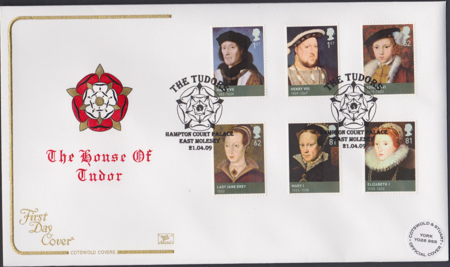 2009 - The House of Tudor -Set Cotswold First Day Cover - Hampton Court Palace,East Molesey Postmark - Click Image to Close