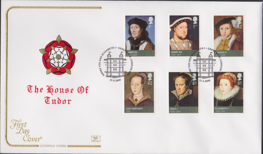 2009 - The House of Tudor -Set Cotswold First Day Cover -Greenwich, London Se10 Postmark