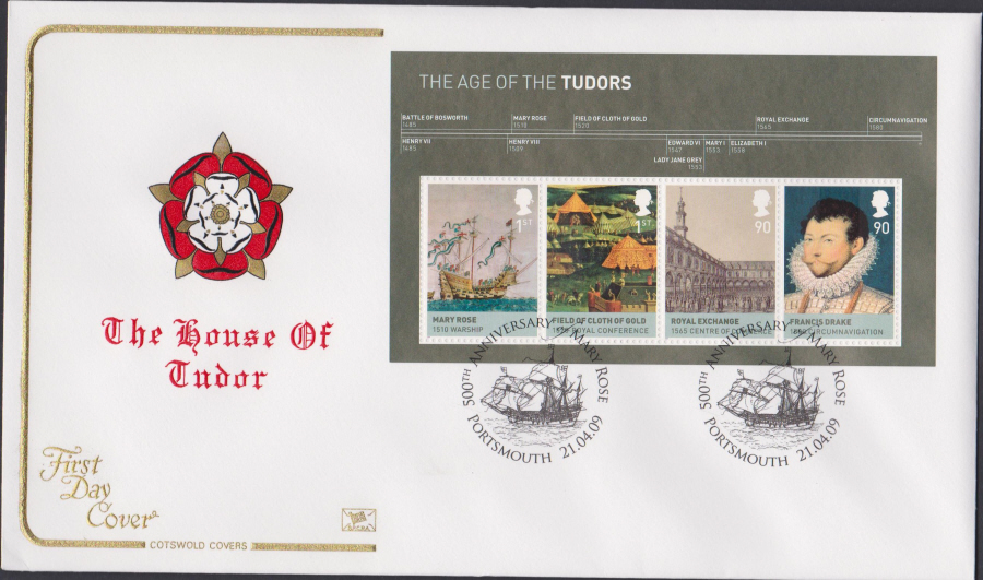 2009 - The House of Tudor -Mini Sheet Cotswold First Day Cover - Mary Rose Portsmouth Postmark