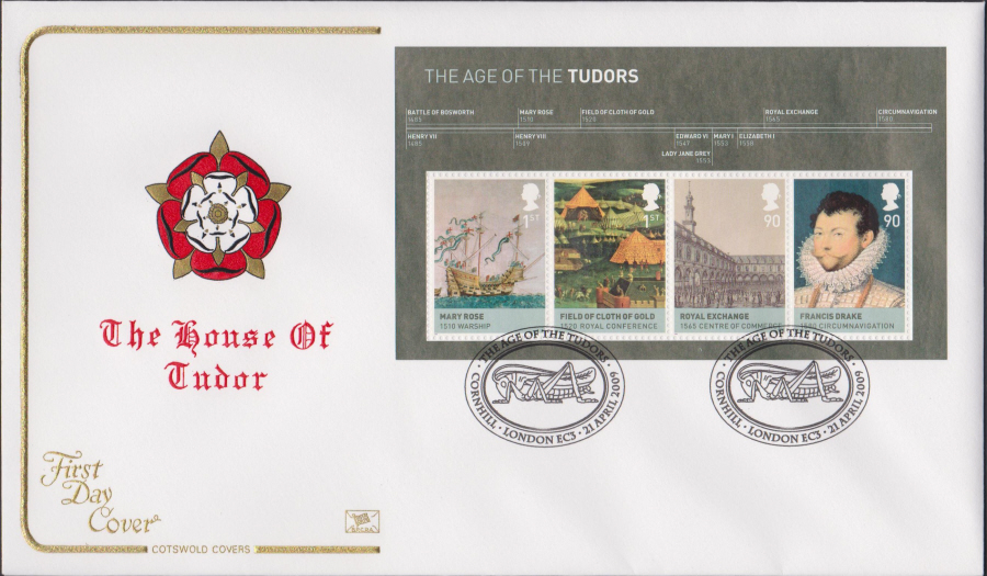 2009 - The House of Tudor -Mini Sheet Cotswold First Day Cover - Cornhill London EC3 Postmark
