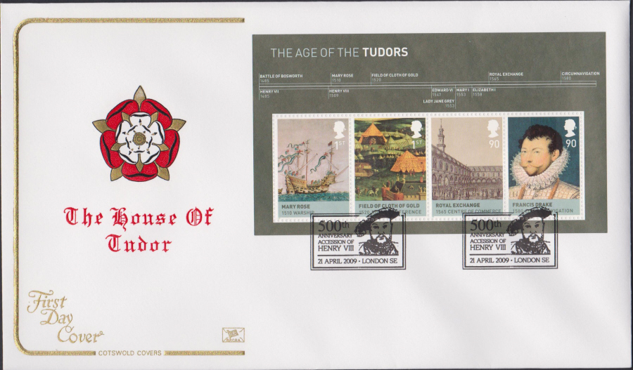 2009 - The House of Tudor -Mini Sheet Cotswold First Day Cover -500th Anniv London SE Postmark - Click Image to Close