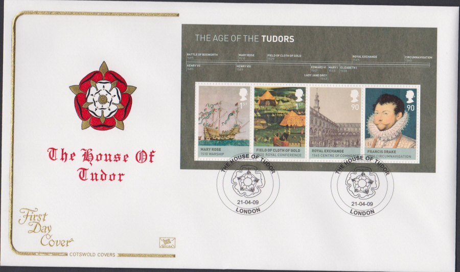2009 - The House of Tudor -Mini Sheet Cotswold First Day Cover - House of Tudor,London Postmark - Click Image to Close